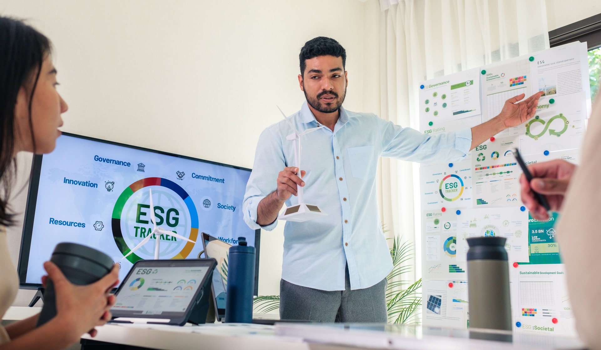 diversity team presentation  in ESG (environment,socail,governance)  sustainability business goals sdgs in green office